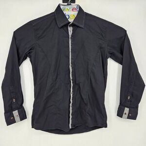 Etzo Shirt‎ Mens Large Button Up Casual Preppy Black Slim Fit Long Sleeve